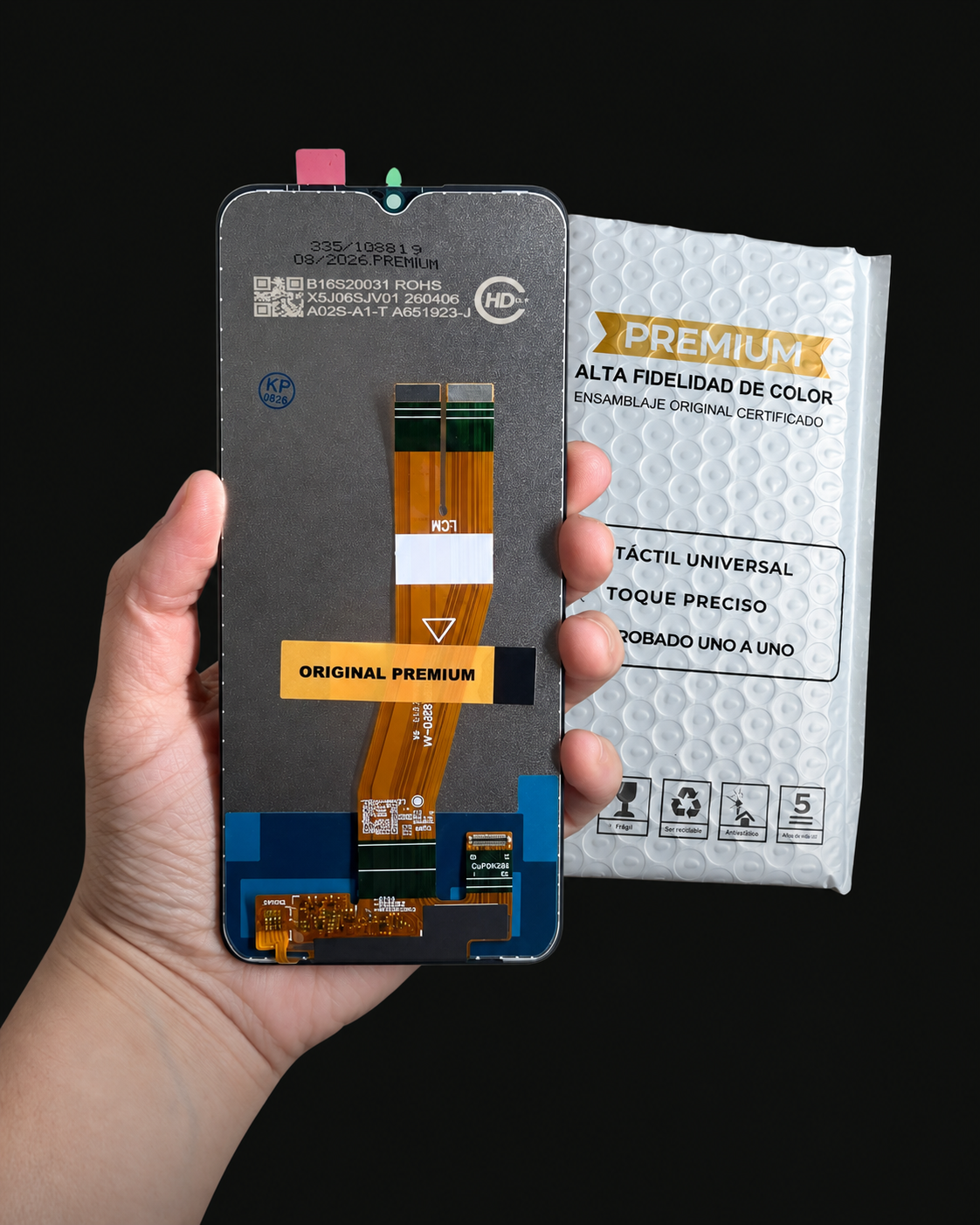 Módulo Android sin marco Original Premium con parte posterior metálica, cable flex y embalaje de la marca
